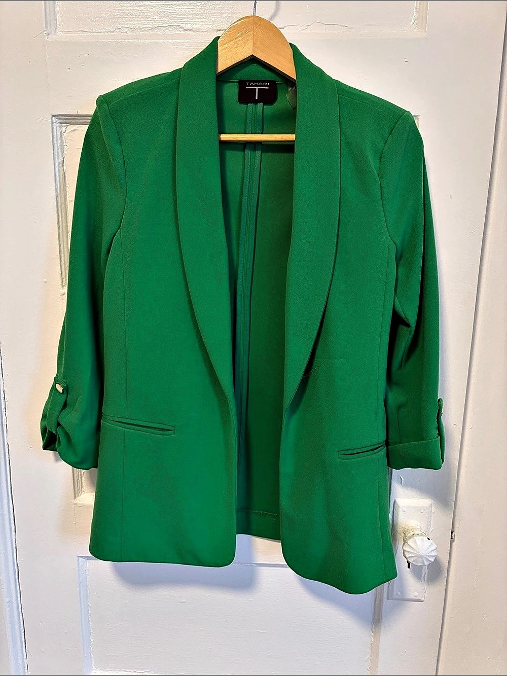 Tahari Open Front Roll-Tab Sleeve Blazer Green XS